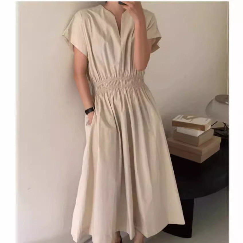 2025 summer new commuter paper person temperament thin V-neck simple one-sleeved waist dress long skirt