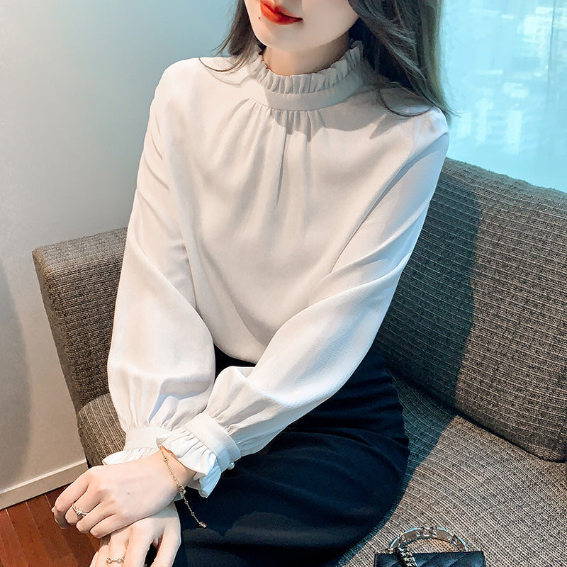 White shirt women's 2025 spring and autumn clothes, new OL commuter fungus edge stacked wear long-sleeved chiffon shirt top tide