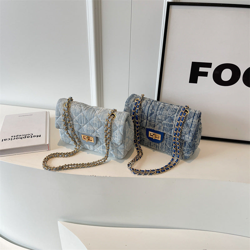 BENPAOLV 2025 fashion classic embroidery thread rhombus denim bag new simple Popular style chain single shoulder oblique span bag