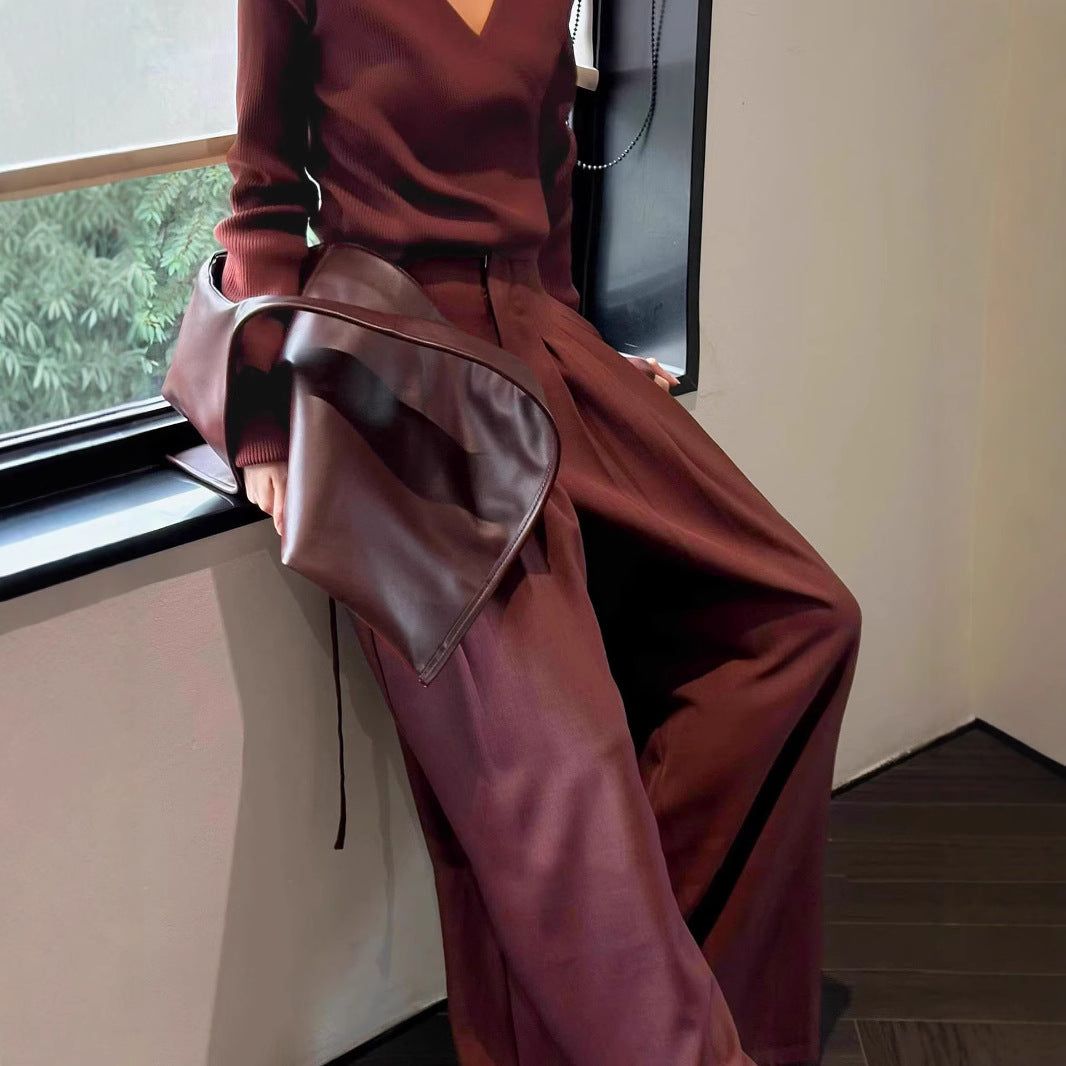 2025 Spot Angola burgundy V-neck sweater wide-leg pants two-piece set, new salt light ripe high-end commuter set