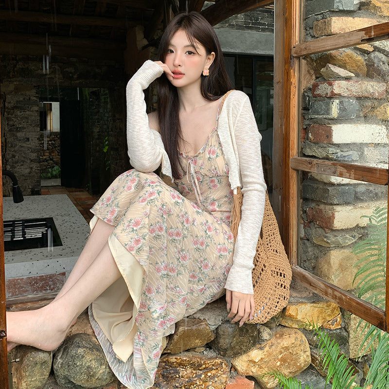 2025 spring and summer new Korean version high waist suspender dress printed pure desire vacation skirt women 88078