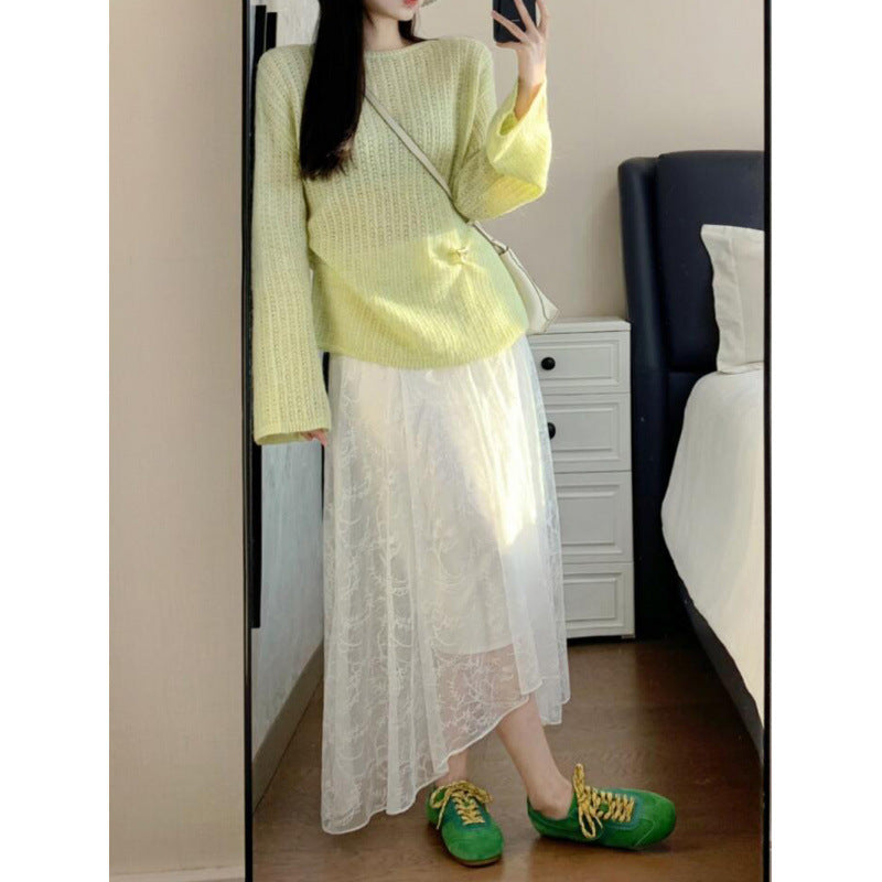 gentle wind hollow crochet knitted blouse women's 2025 spring heavy industry lace high waist skirt set