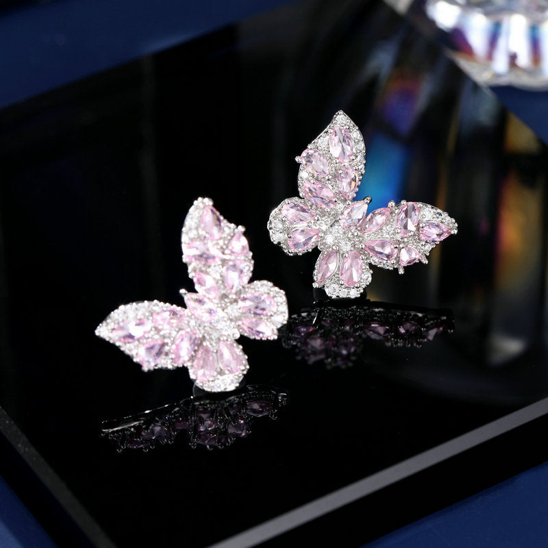 2025 New niche temperament high-end earrings wholesale fashion full diamond color zircon inlaid retro style butterfly stud earrings