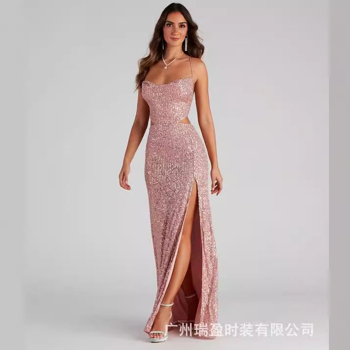 2025 popular new hot-selling sequined dress spring and summer fashionable sexy suspender backless high split celebrity gift