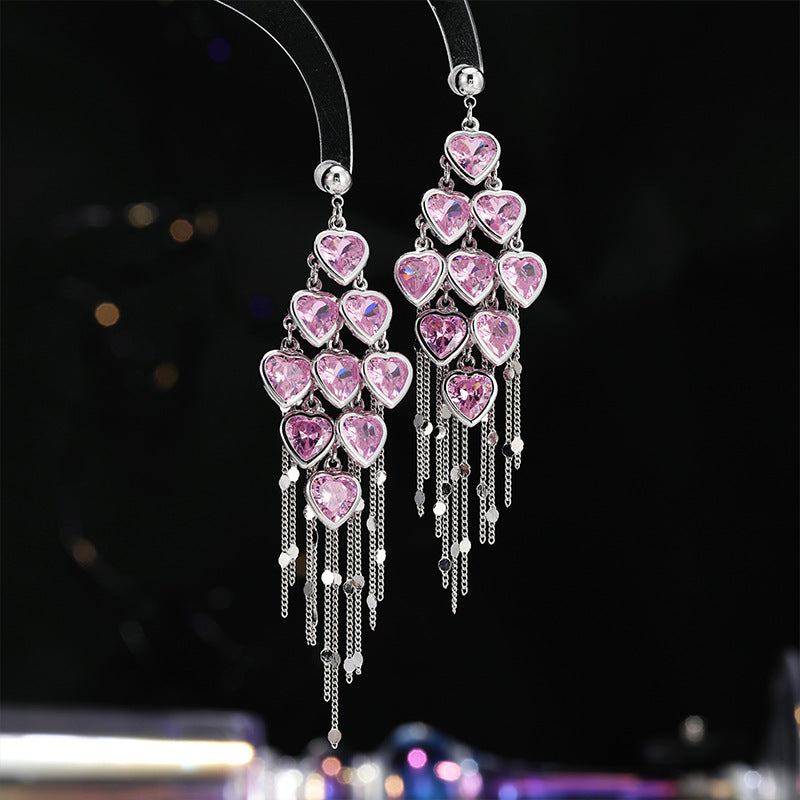 2025 2025 light luxury fashion high-end earrings super flash zircon sweet earrings temperament long love fringed earrings women