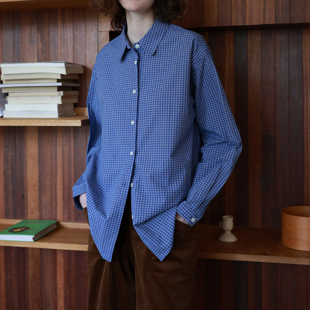 2025 Classic Retro Two-Color Blue Checkered Simple Autumn Long Sleeve Shirt