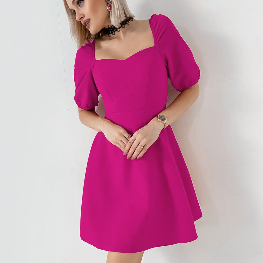 2025 Temperament Square Neck Bubble Sleeve High Waist Slim A Pendulum Dress popularwildberries Spring Hot Sale New Women