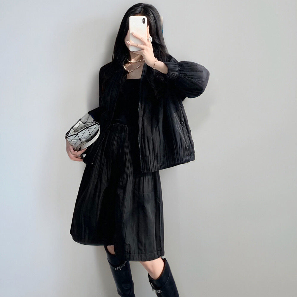2025 Women's clothing autumn and winter fashion suit high-end casual zipper cardigan cotton coat skirt pleated two-piece set trendy