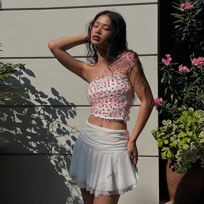 2025 style 2025 spring new women's clothing off-the-shoulder red polka dot top, high waist and thin pleated skirt