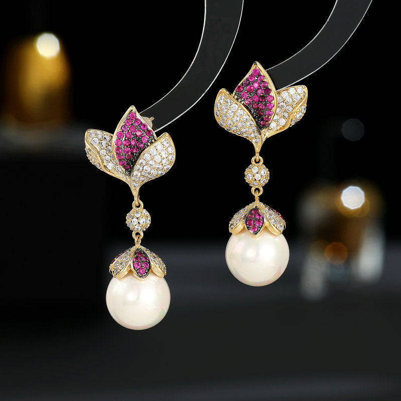 2025 S925 silver needle retro elegant temperament new earrings wholesale zircon inlaid flower water drop pearl earrings