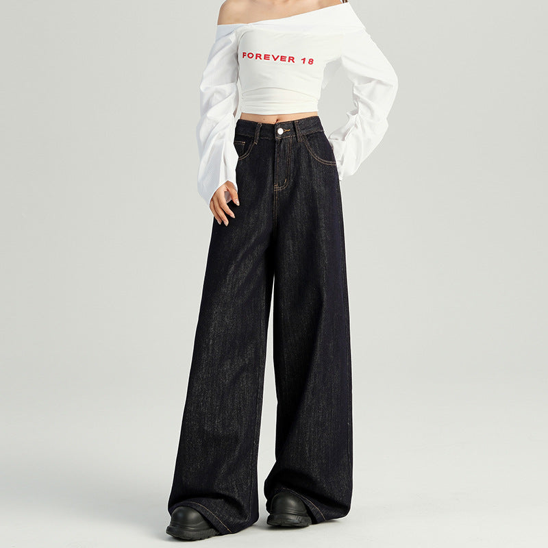 2025 Wholesale hair generation n retro high waist wide leg jeans women's dark blue autumn new loose lazy straight tube
