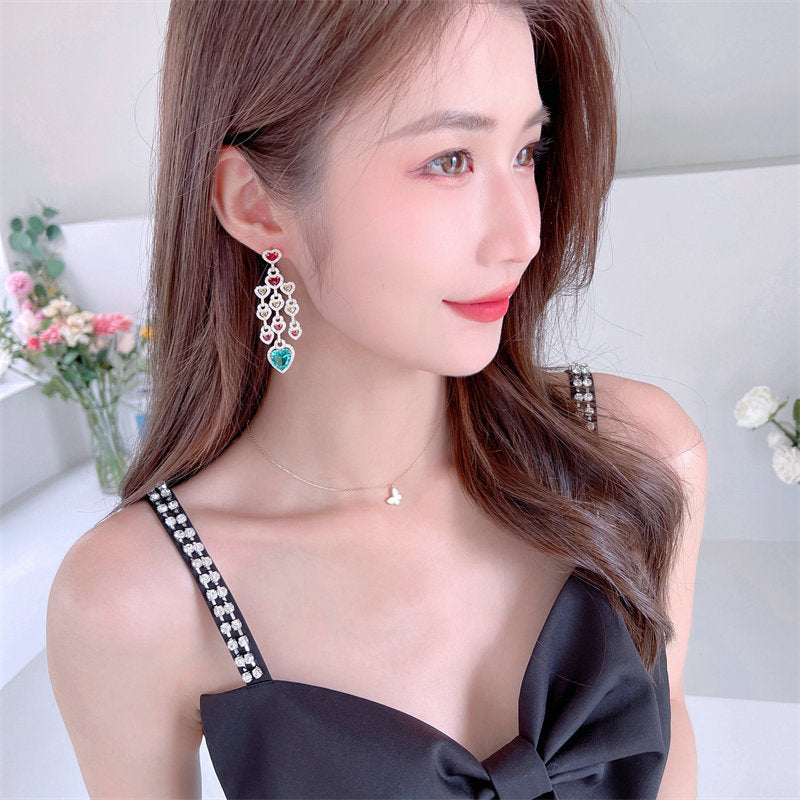 2025 Exaggerated atmosphere light luxury earrings tide color zircon design sense long concentric lock earrings love fringed earrings