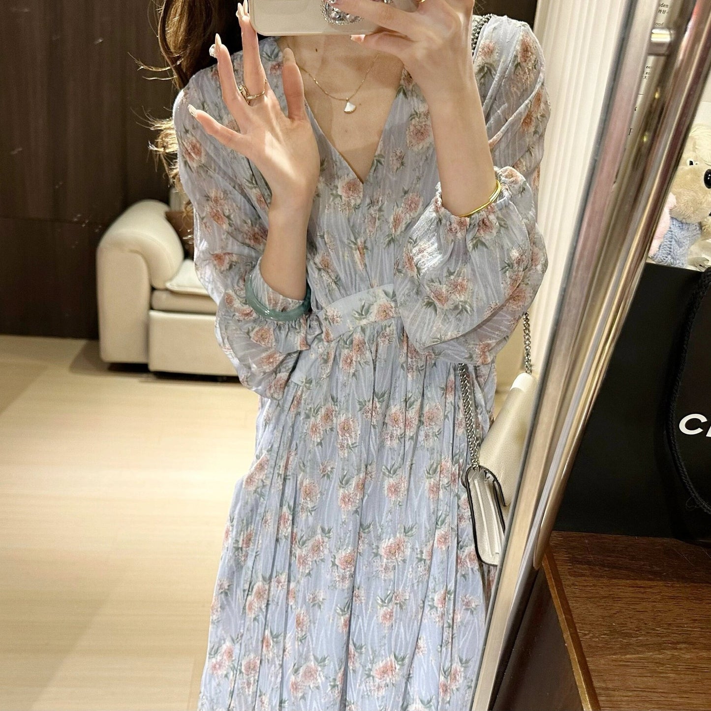2025 early spring new gentle floral waist and thin long-sleeved collar loose lace-up medium and long dress