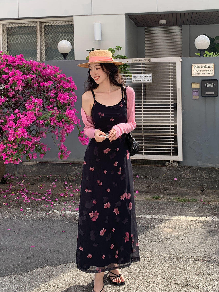 2025 spring and summer new pure desire mesh high waist suspender dress vacation printed dress children 88218