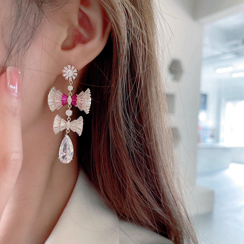2025 S925 silver needle super flash zircon earrings light luxury exaggerated long high-end earrings bow water drop earrings wholesale