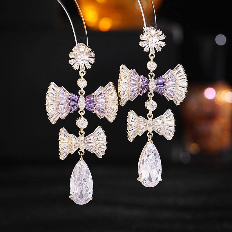 2025 S925 silver needle super flash zircon earrings light luxury exaggerated long high-end earrings bow water drop earrings wholesale