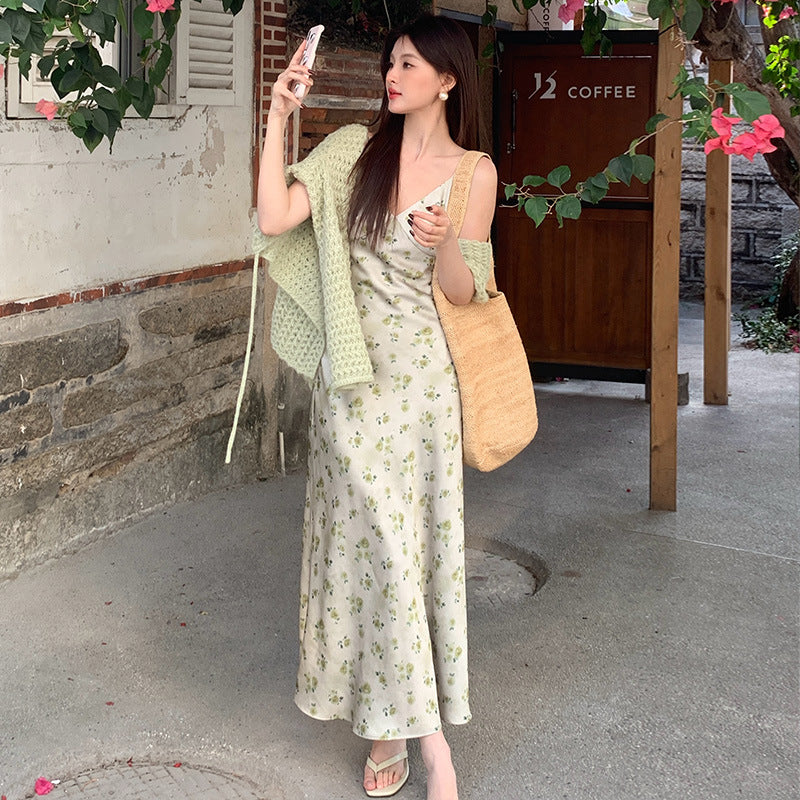 2025 Spring New Vintage High Waist Suspender Dress Sub-print Pure Desire Vacation Dress Women 88178
