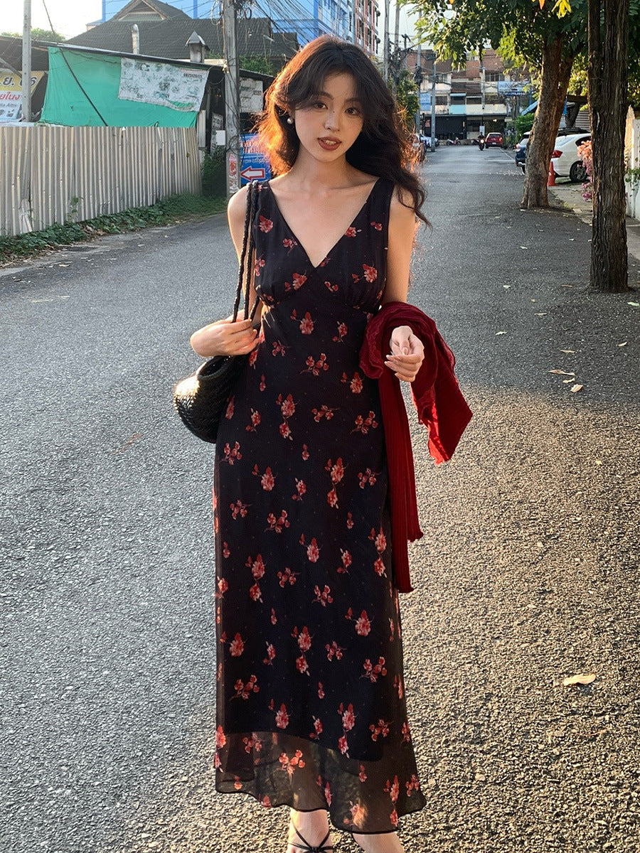 2025 spring and summer new retro temperament high waist suspender dress vacation printed dress children 88190