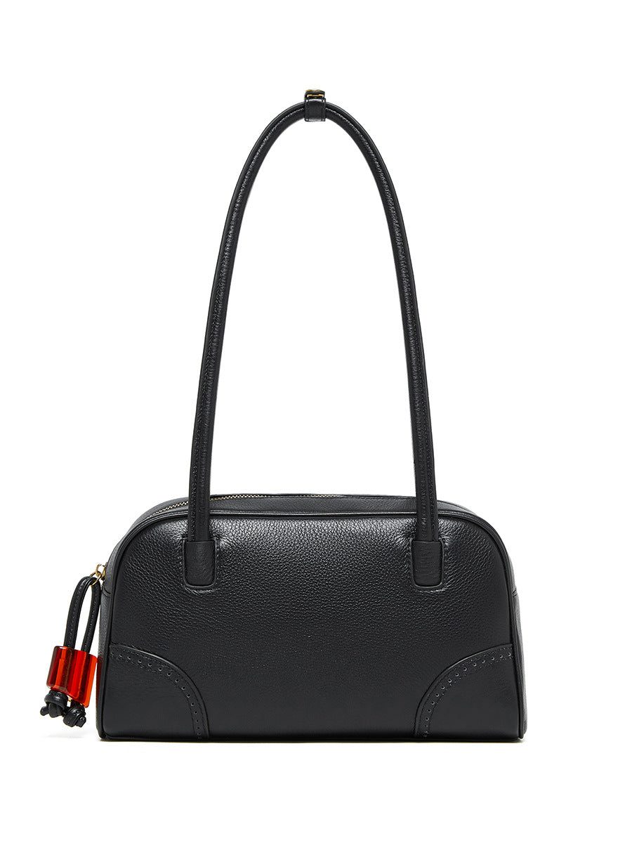 2025 Fashion large-capacity cowhide women's bag popular new niche design handbag first-layer cowhide commuter bowling bag