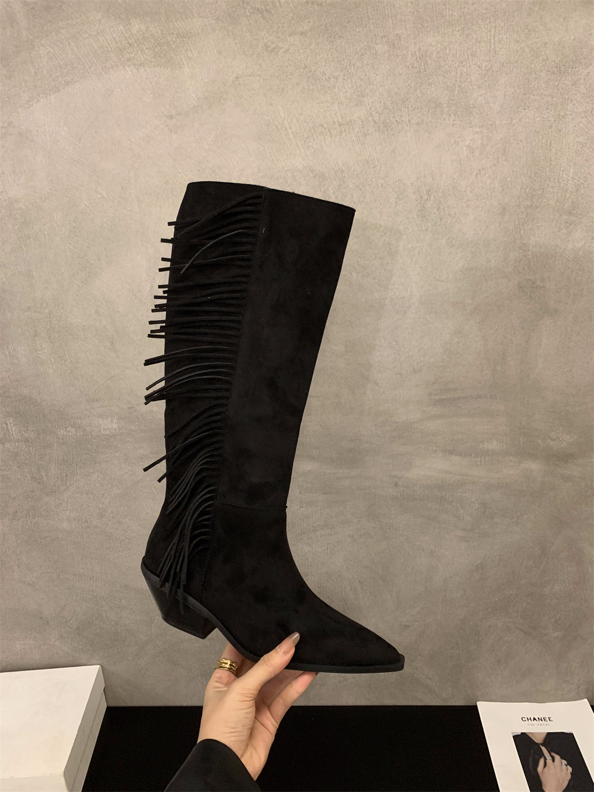 2025 Niche pointed high-heeled thin boots women's shoes popular spring and autumn winter retro suede fringed long tube knight boots