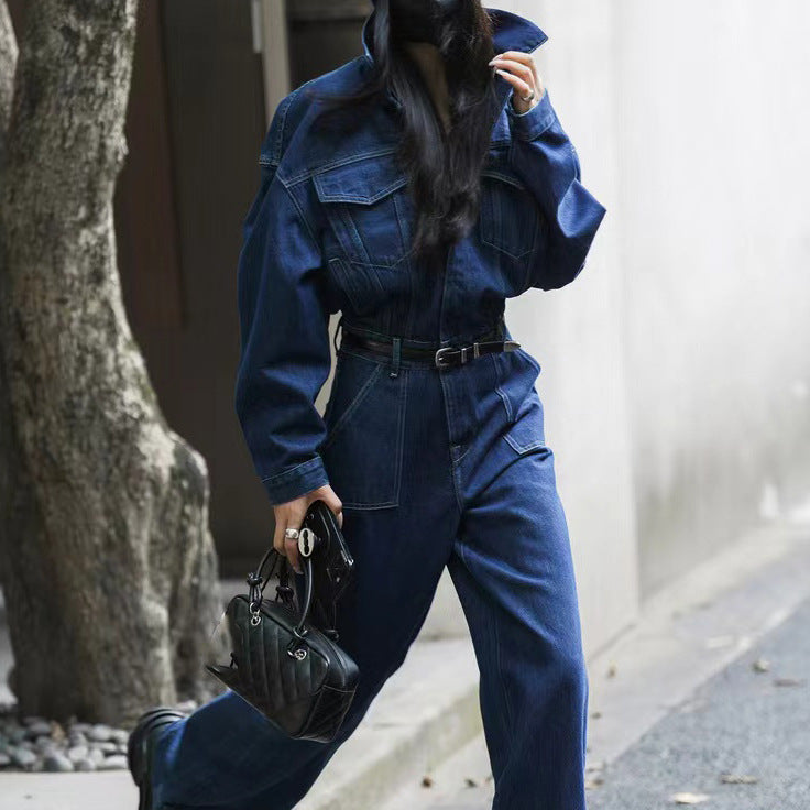 2025 Spot design sense fashionable one-piece denim high waist tooling jeans spring suit women's big pocket jumpsuit