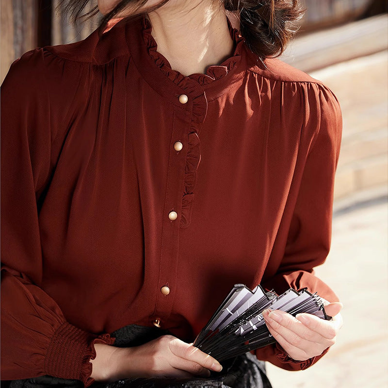 2025 temperament shirt white red, high-end commuter shirt spring new women's long-sleeved top