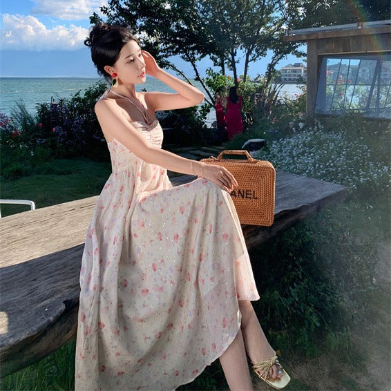 2025 Sweet and fresh floral suspender dress female temperament celebrity design sense super fairy vacation style neck dress