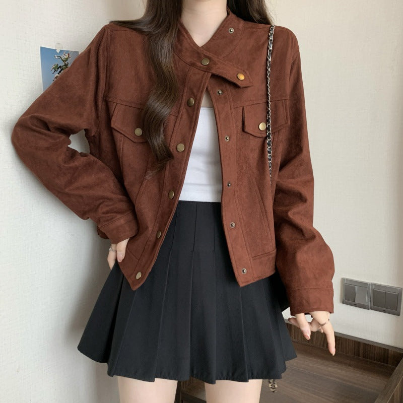 Large size 2025 spring clothing new Korean version design sense deerskin velvet loose and thin short long-sleeved jacket jacket women