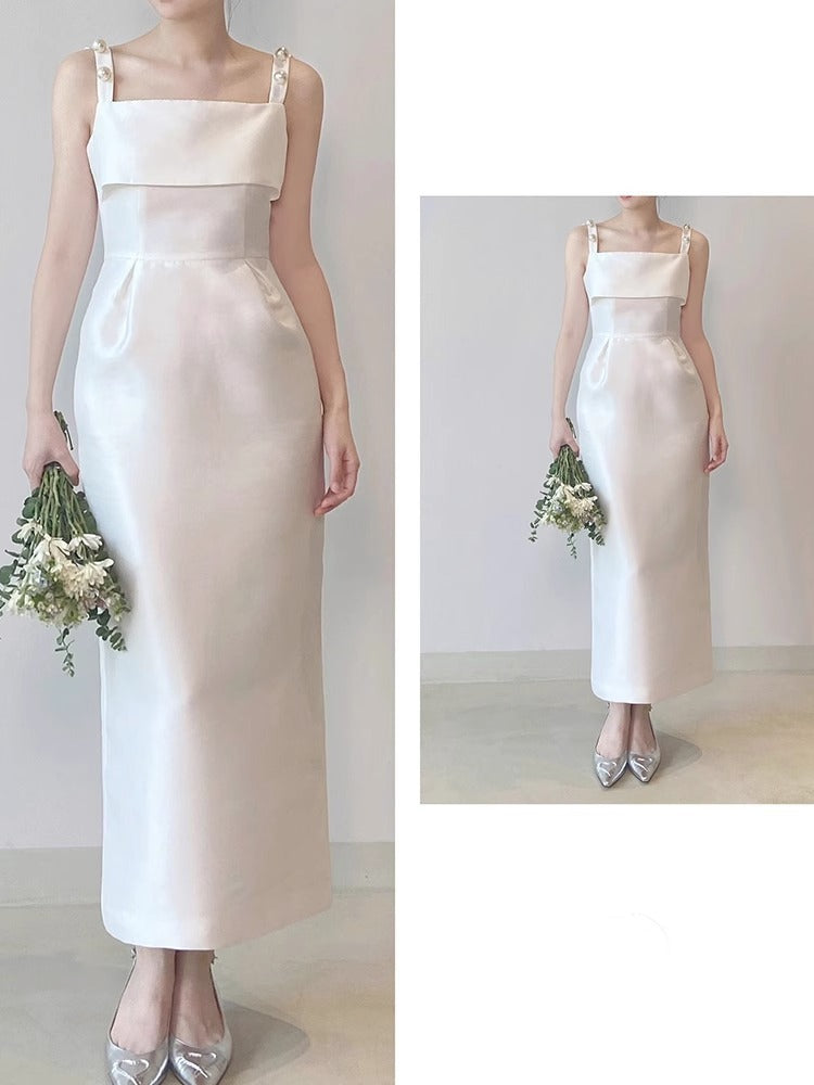 2025 retro suspender light wedding dress small satin engagement dress certificate registration dress daily wear