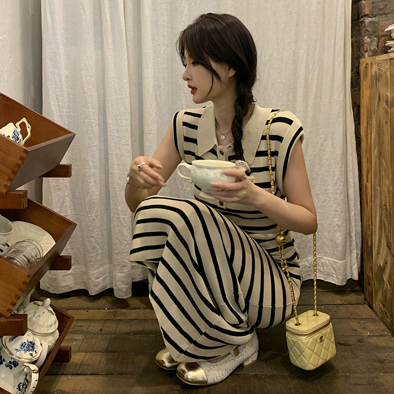 2025 high-end temperament collar striped knitted dress women's summer new temperament thin dress