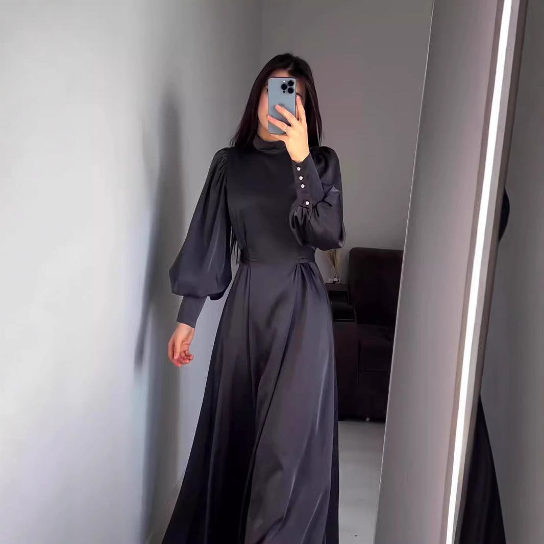 2025 popular autumn and winter new waist solid color long sleeve slim belt retro elegant dress