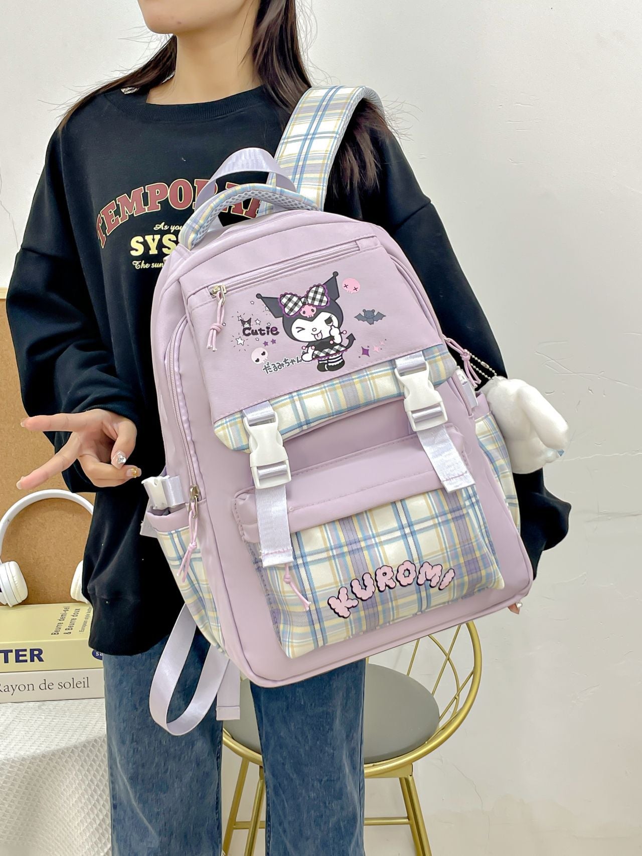 Printed Sanrio Schoolbag Large-Capacity Backpack Plaid Color Matching Backpack Medium and Large Student Campus Backpack Primary School Students