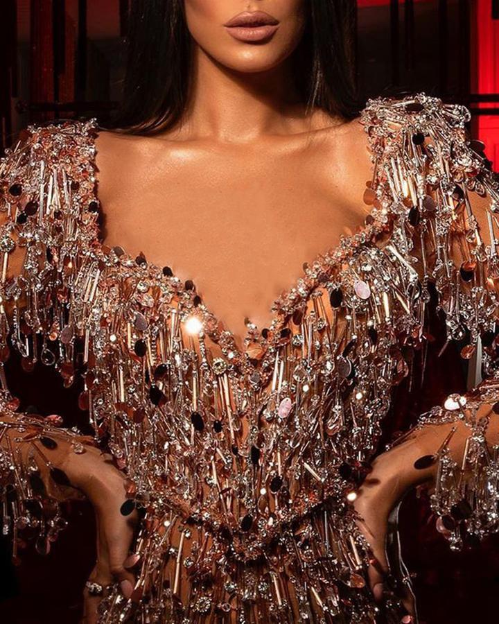 2025 new New Popular trade women's clothing independent station ebay sexy sequins long-sleeved banquet dress big swing dress new