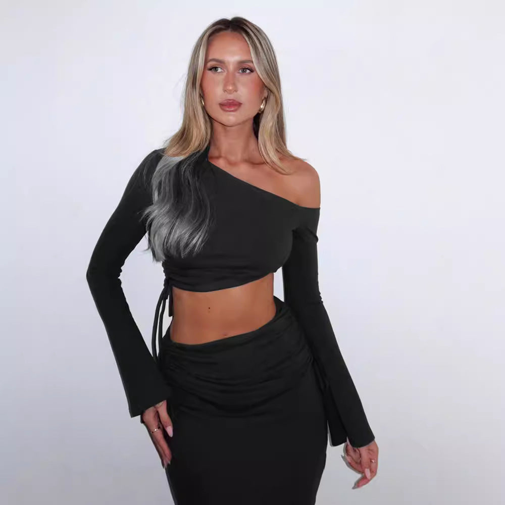BENPAOLV 2025 Autumn and winter women's clothing New new temperament solid color single shoulder open button top slim skirt two-piece suit women