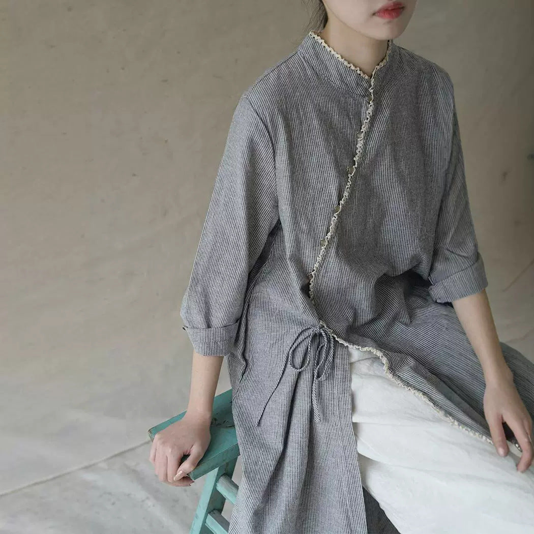 national style diagonal lace bead buckle ramie dress new Chinese style improved cheongsam elegant dress L2052