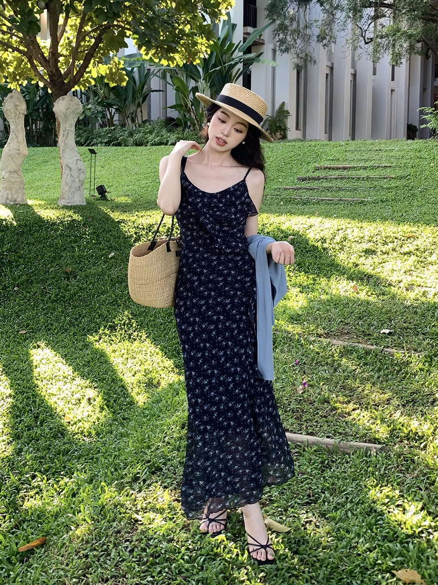 2025 spring and summer new Korean version elegant high-waisted suspender dress thin printed dress children 88205