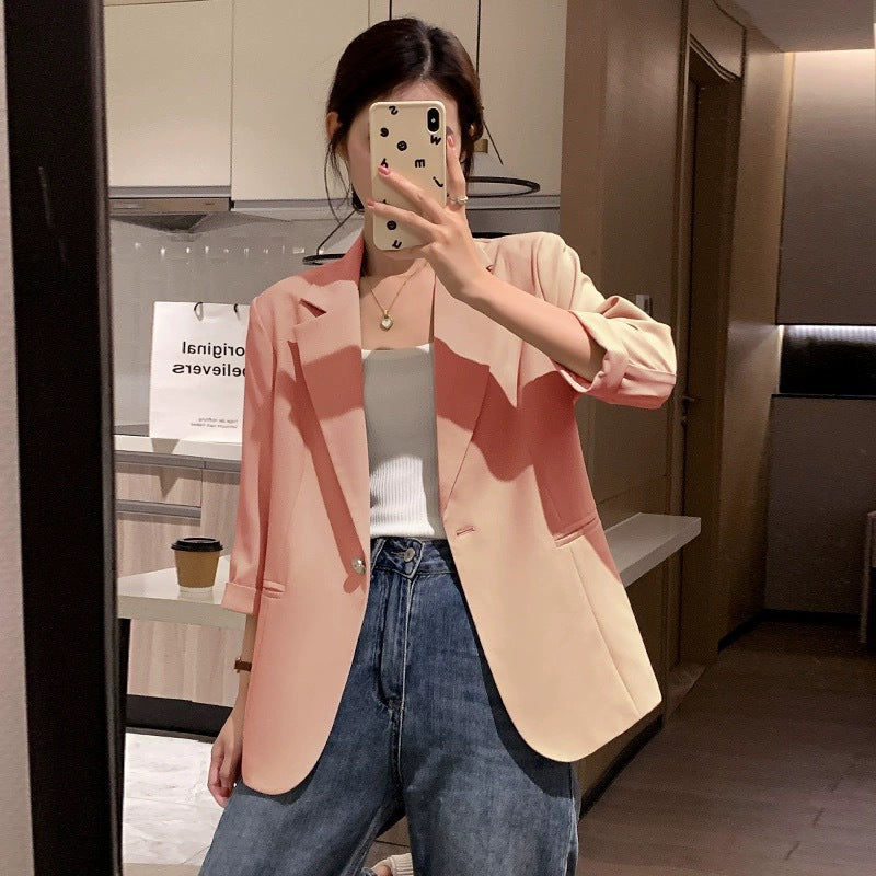 Beige blazer women's small short 2025 spring and summer new Korean version of high-end seven-quarter sleeve thin suit