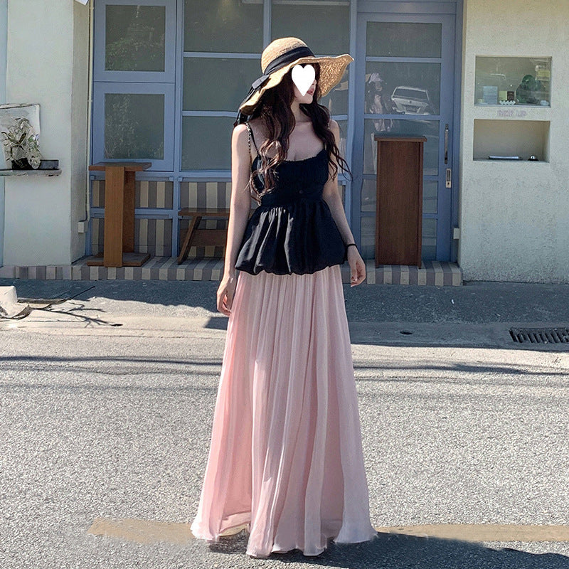 one-word shoulder small vest, bud top, sparkling elastic waist skirt, elegant and drape long skirt 2025