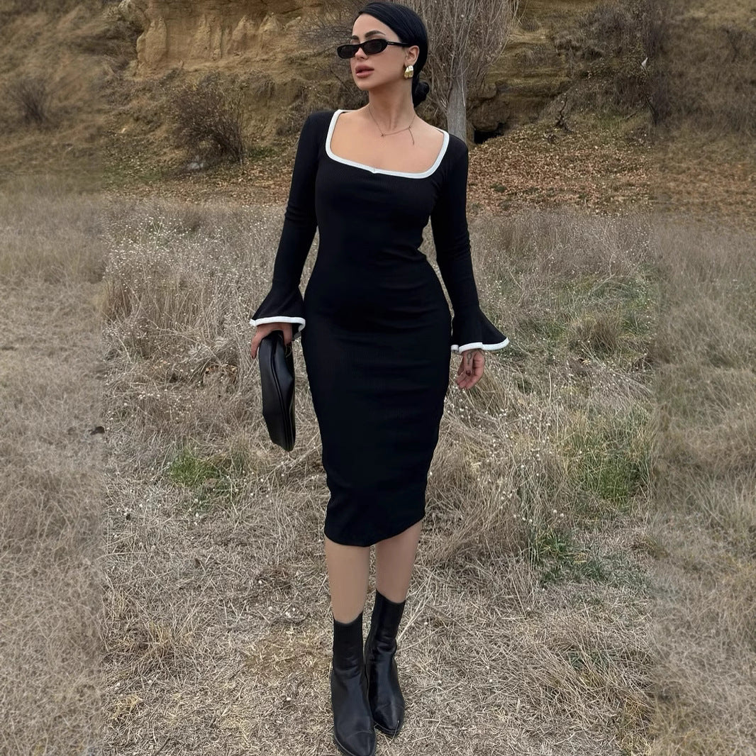 BENPAOLV 2025 popular winter style New women's clothing new fashion square collar contrasting color horn sleeve temperament hip-wrapped dress women