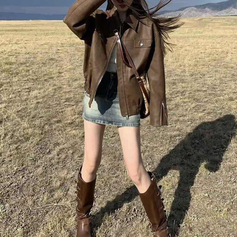2025 spring clothing new popular locomotive clothing high sense super good-looking coffee leather jacket short jacket thin women