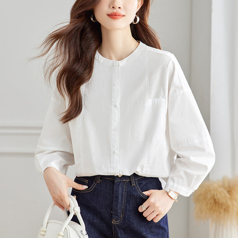 direct sales blue round neck long-sleeved shirt women's spring clothing new temperament commuter design loose top