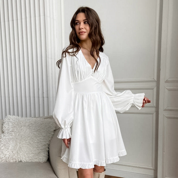 2025 V-neck ruffle edge commuter high-waisted dress popular spring new fashion New wholesale skirt