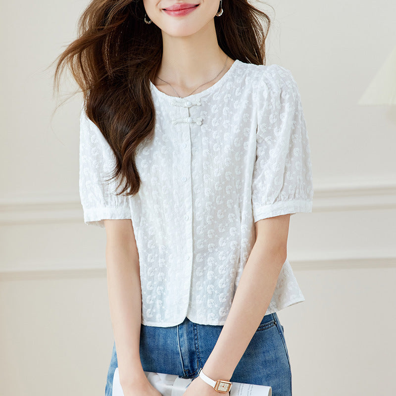 Cotton cocoon, new Chinese style craft embroidered button-up shirt women's commuter short thin and sweet top