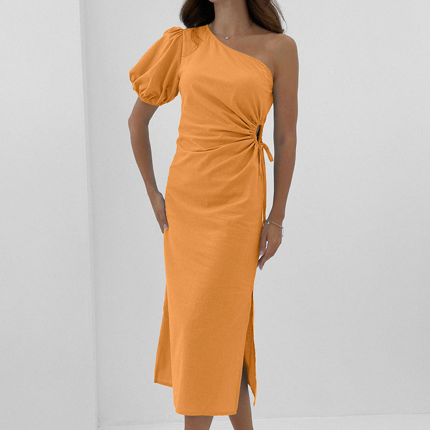 2025 Orange cotton and linen irregular collar bubble sleeve split high waist dress popular spring fashion new women