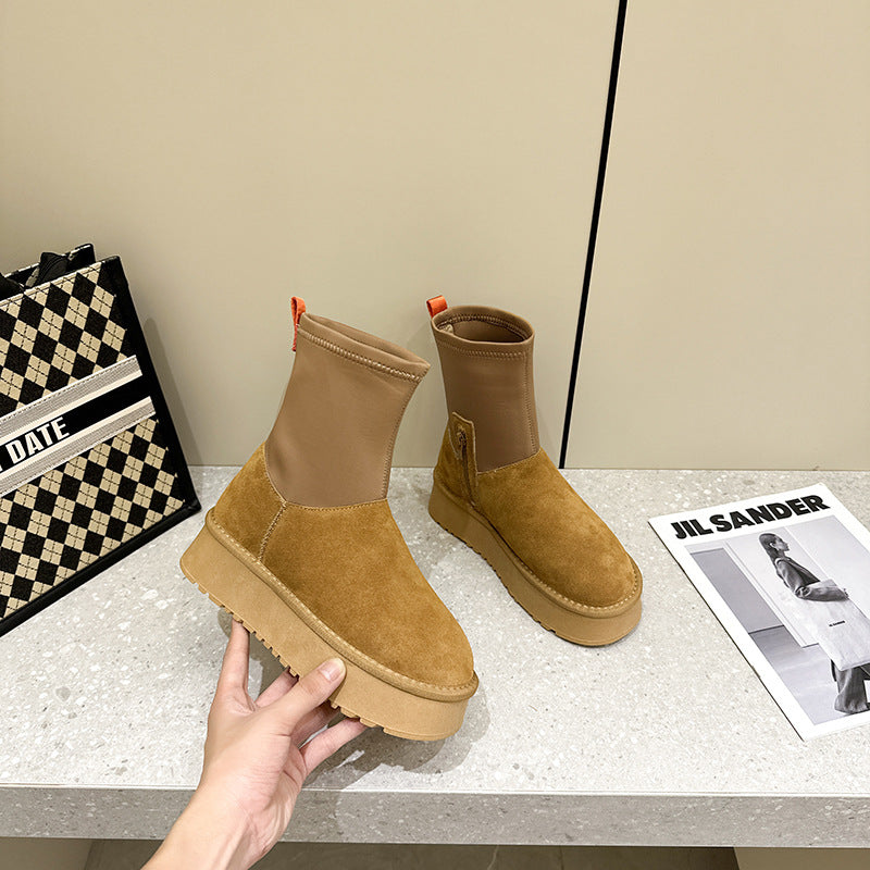 2025 popular new platform leather snow boots women's elastic pencil boots winter women's fashion student shoes trendy women