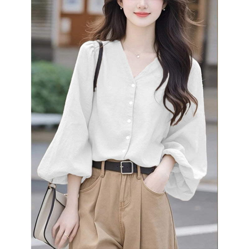 White collar lantern sleeve top women's clothing 2025 new early spring Popular style high-end wear chic lining