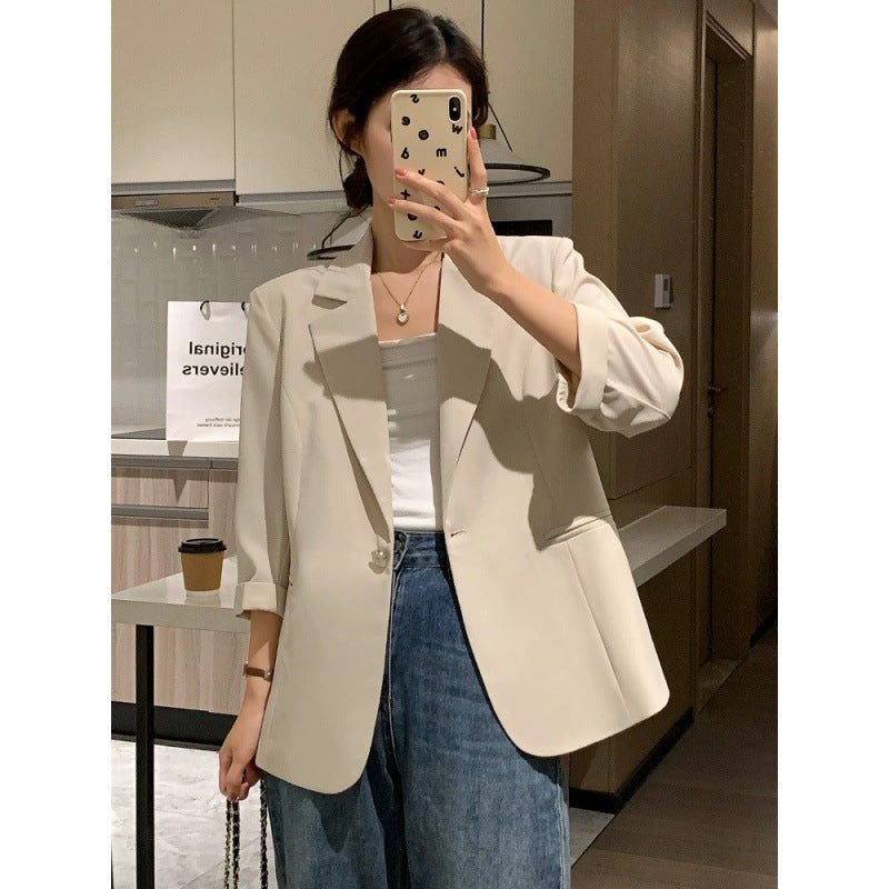 Beige blazer women's small short 2025 spring and summer new Korean version of high-end seven-quarter sleeve thin suit