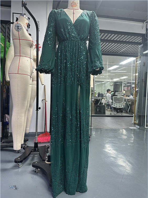 2025 high-end long-sleeved temperament V-neck sexy long sequined banquet evening dress bridesmaid dress women