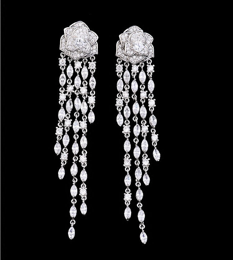 2025 2025 earrings, heavy industry color zirconium flower earrings 925 silver needle long tassel temperament dinner camellia earrings women