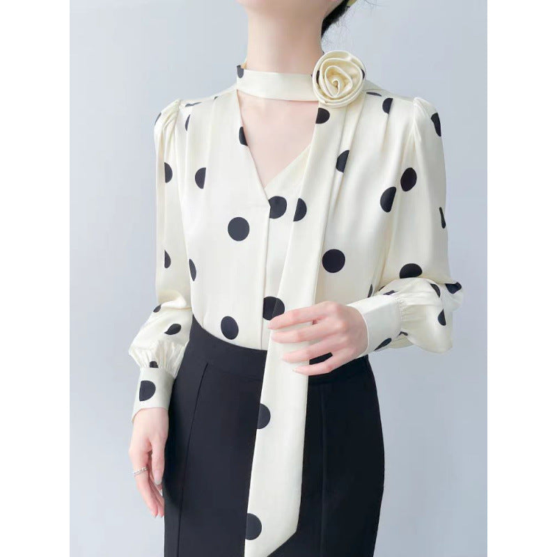 Satin shirt women's autumn 2025 new high-end long-sleeved polka dot top design commuter women's clothing